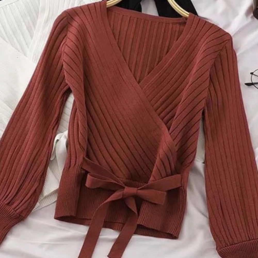 Ribbed faux wrap sweater